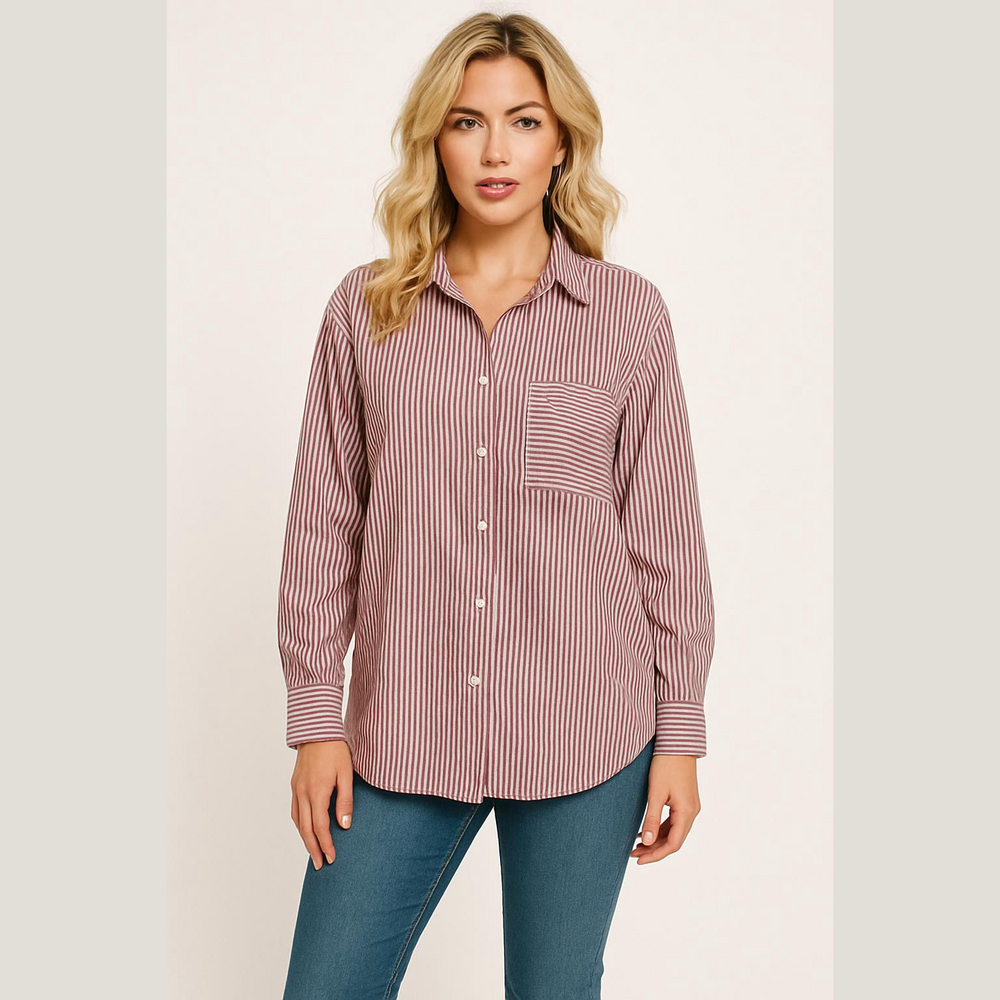LOFT Women's Striped Button Down Shirt - Burgundy and White